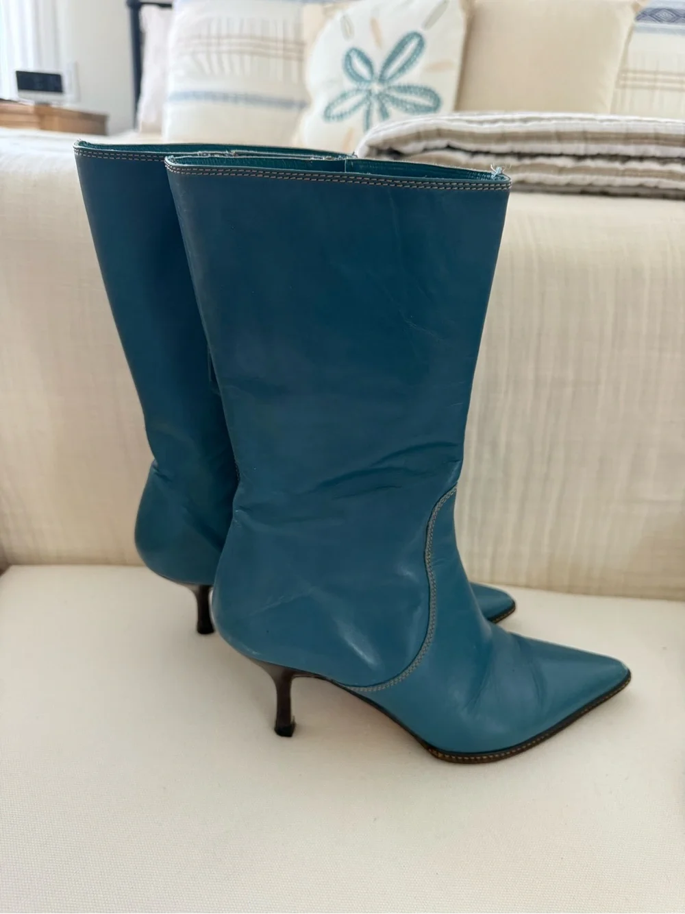 Coach Teal Pointed-Toe Leather Ankle Boots